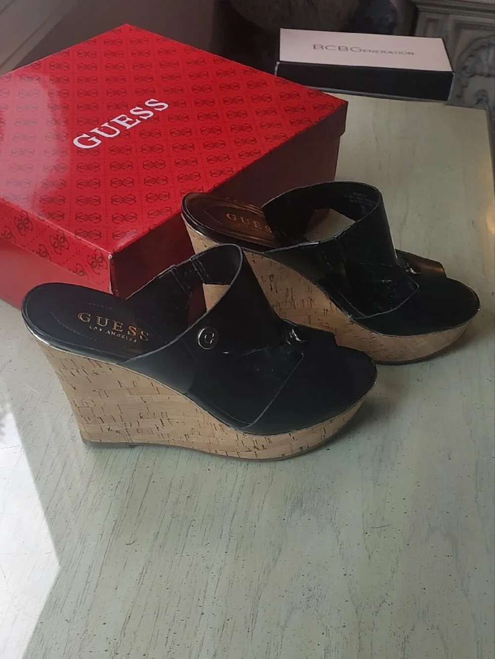 Guess Black Leather Cork Wedge Sandals